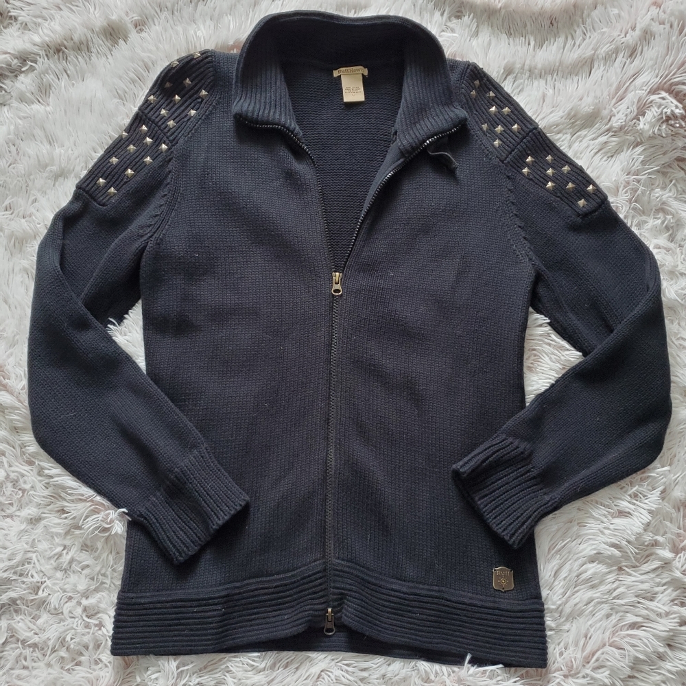 RuffHewn cable knit cardigan sweater black gold studded zipper top sz Large